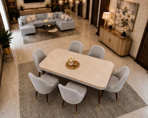 Image of WOODEN SPACE 6-Seater Wooden Dining Table Set | Nano Composite Marble Top | Solid Wood Base | Modern Dining Room Furniture with 6 Chairs (Grand Aura Light Grey)