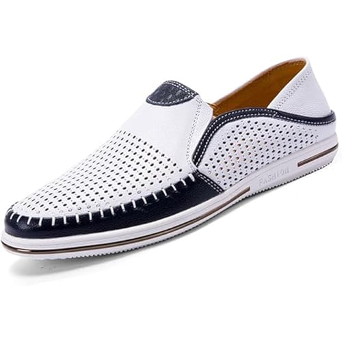 Men's Genuine Leather Loafers Slip-On Breathable Perforated Casual Summer Walking Driving Shoes