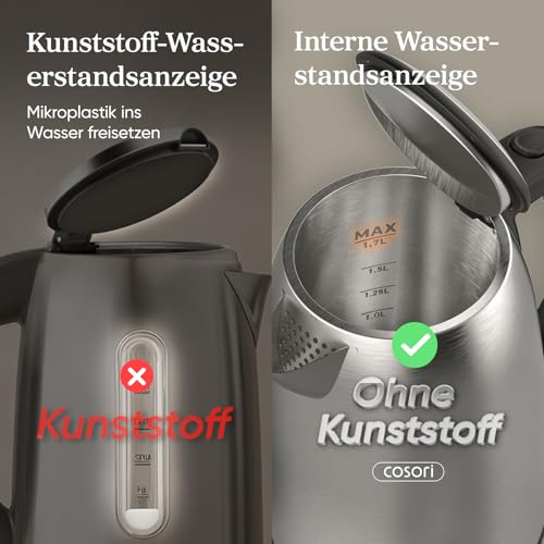 COSORI Wasserkocher Edelstahl, BPA frei, 1,7 L, Strix-Technologie, kocht in 3 Minuten, 2200W, Große Öffnung, Trockengehschutz, 360° drehbarer Sockel, Silber-schwarz