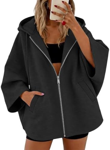 BCZHQQ Oversized Poncho Hoodie for Women Zip Up Elbow Sleeve Sweatshirt - 1