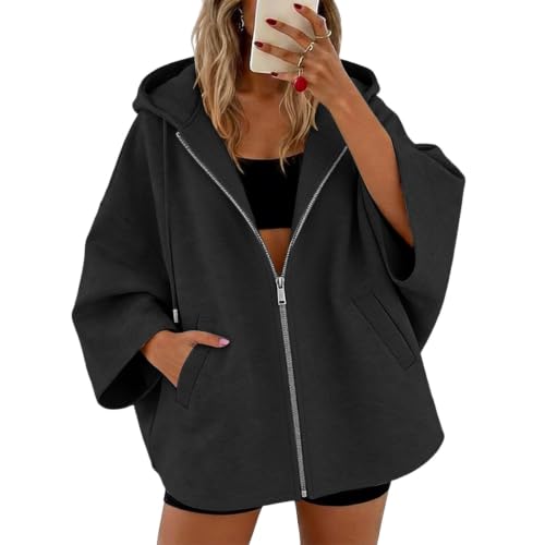 BCZHQQ Oversized Poncho Hoodie for Women Zip Up Elbow Sleeve Sweatshirt
