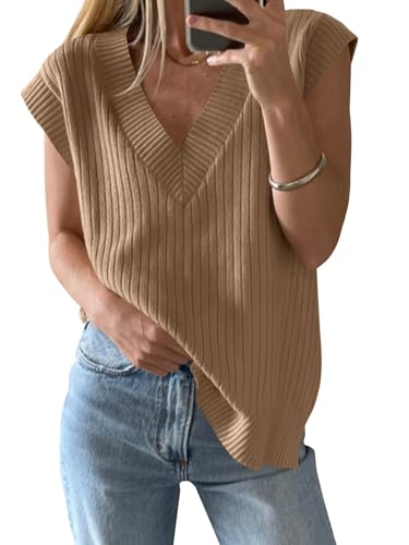 Image of Saodimallsu Womens V Neck Sweater Vest Oversized Ribbed Knit Sleeveless Casual Loose Fit Pullover Tank Top