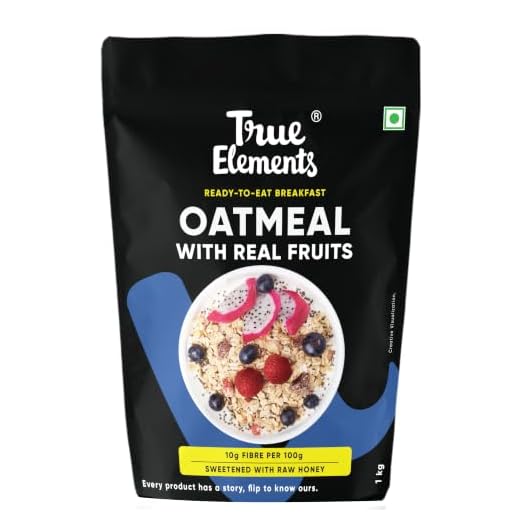True Elements Whole Oatmeal 1kg - With Chia and Real Fruits, Cereal for Breakfast | Diet Food for Weight Loss