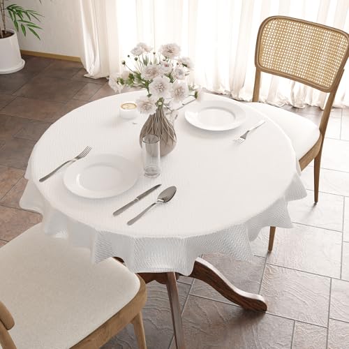 Image of Encasa XO Dining Table Cover Rectangular 85 cm-Round | Waterproof Textured Polyester Dining Table Cloth | Machine Washable Tablecloth | ZZ White