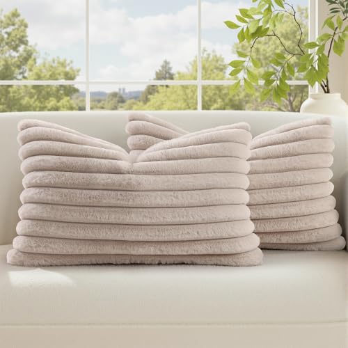 Image of decorUhome Fall Cozy Faux Fur Throw Pillow Covers 12x20 Set of 2 Decorative Soft Plush Striped Lumbar Modern Farmhouse Boho Couch Pillow Cases with Velvet Back for Sofa Bed Living Room, Tan