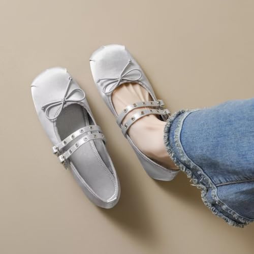 LUXINYU Women Bowknot Mary Jane Satin Ballet Flats Square Toe Double Strap Casual Party Dress Shoes4
