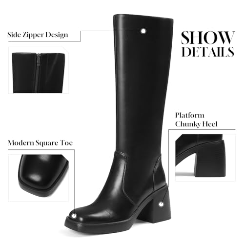 Lyrisiphy Womens Platform Knee High Boots Square Toe Wide Calf High Heeled Boots Side Zipper Tall Fall Boots4