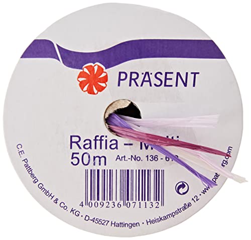 PRÄSENT C.E. Pattberg Raffia-Multicolour Bastband Flieder-rosa-weiß, 50 m Geschenkband zum Einpacken, 5-strängiges Bastelband für Geschenke, Zubehör zum Dekorieren & Basteln
