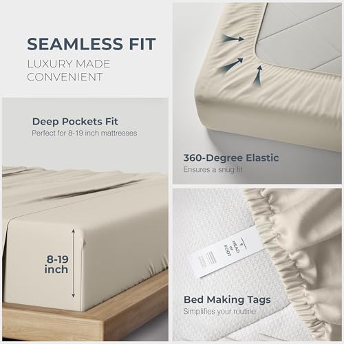 Image of THREAD SPREAD 100% Egyptian Cotton King Size Sheets Set - Luxury 1500 Series Egyptian Cotton Sheets King Size, 17 inch Deep Pocket, Soft, Cooling Sateen Weave Hotel Quality Bedding Set - Beige