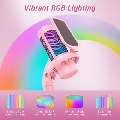 Image of TONOR Gaming Microphone Set, Vocal Condenser Mic fop PC Gamers with RGB | Boom Arm Set, USB Mic with Controllable Light, One Tap Mute, Volume Control, for Discord, Twitch Streaming, Pink, TC310+