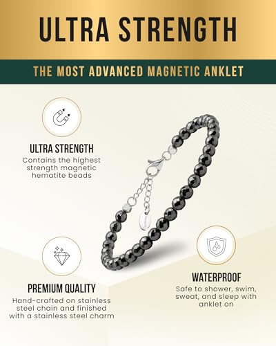 Image of MagnetRX Hematite Magnetic Anklet - Ultra Strength Stones - Elegant Ankle Bracelets for Women - Metallic Black Beaded Hematite Anklets for Women and Men (6mm Faceted Beads)