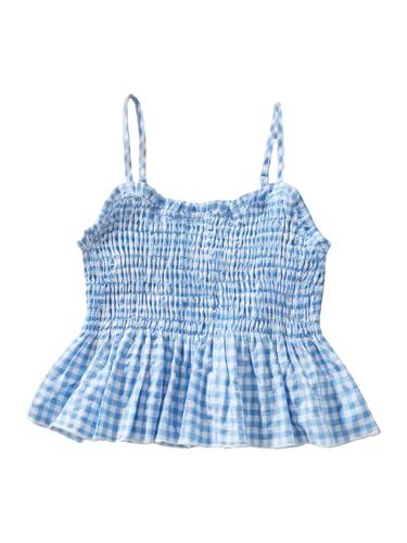 OYOANGLE Girl's Plaid Smocked Cami Top Spaghetti Strap Cute Ruffle Peplum Camisole
