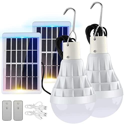2 Pcs Solar Shed Light Indoor Bulb with Remote, TechKen Lantern Lamp with Panel for Garden Patio Yard Greenhouse Camping Tent Chicken Coop Fishing Lighting