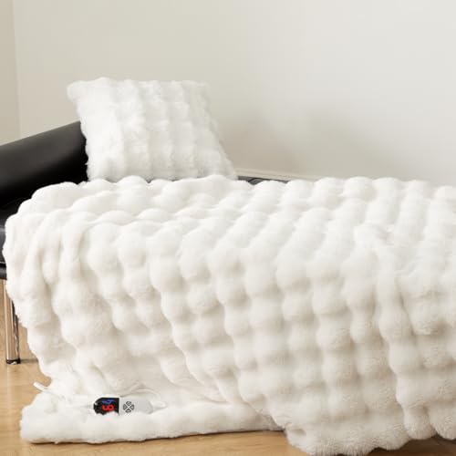 VELLUBAM Faux Fur Heated Blanket Throw White - Luxury Fluffy Rabbit Bubble Heating Blanket with...