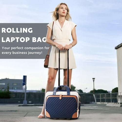 Image of Arcoyard Rolling Laptop Bag, Rolling Briefcase for Women with Waterproof Pocket, 16 Inch Computer Bag, Underseat Carry On Luggage with Wheels for Work Travel Business, Lightweight Navy Blue Brown