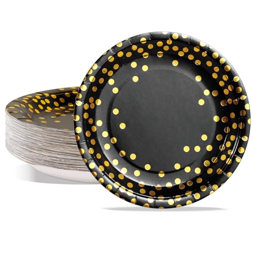 PYAILI 50Stück Pappteller, Partyteller Kindergeburtstag Teller Set 23 CM Partygeschirr Set, Schwarz Gold Einweg Papier Teller zum Abschlussfeier, Silvester, Kindergeburtstag, Geburtstag