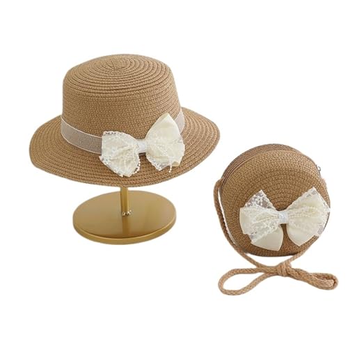 2pcs Handwoven Little Girls Summer Straw Hat Breathable Shoulder Crossbody Bag with Bowknot