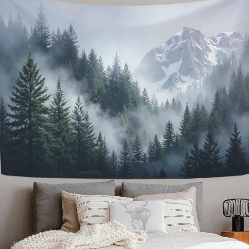 Tapiz de montañas nevadas 200x150cm con diseño artístico de paisaje brumoso