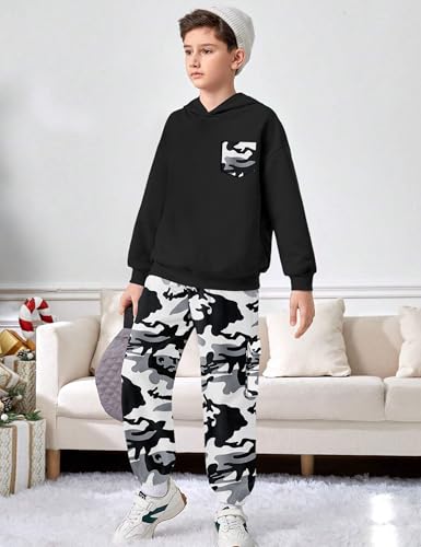 Image of KANGKANG Boys Clothes Two Piece Long Sleeve Hooded Sweatshirt Top Camouflage Sweatpants Fall Outfits Winter Clothes Set 6-16Y