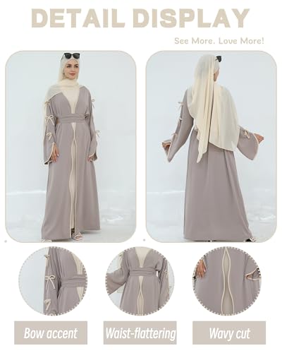 Elegant Flowy Muslim Cardigan Robe with Bow Accents Front Wave Design Abaya for Women Open Front Abaya with Belt2