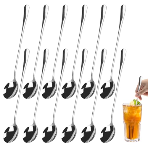 12 Piezas Mango Largo Cucharillas Café,Cucharas de Postre de Acero Inoxidable,Cucharas de Té,Cucharas Cafe,Para Postre Té Helado Cóctel Latte Macchiato Espresso Chocolate,Cucharillas Pulido de Espejo