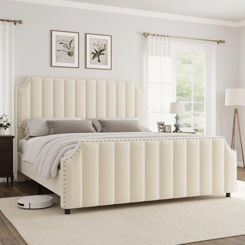 GarveeHome Queen Size Platform Bed Frame with 50.2 in Headboard, Velvet Upholstered Bed Frame with Vertical Channel Tufted Headboard & Footboard, Nail
