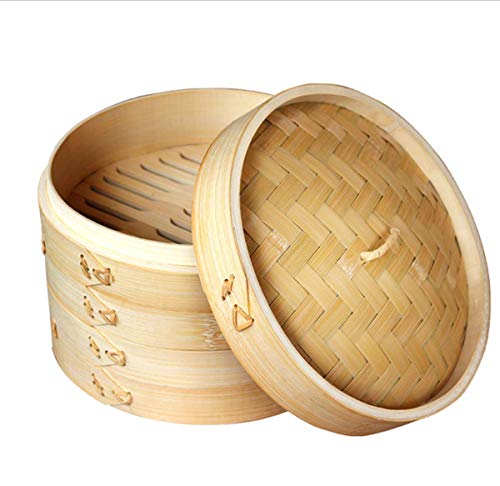Natural Bamboo Steamer Basket,2 Tier Food Pot Basket Cooker,Chinese Food Steamer,Asian Style Cookware,Great for Dumplings, Vegetables, Chicken, Fish, Dim Sum (10 Inches)
