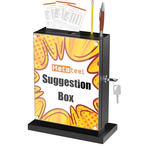Image of Suggestion Box with Slot and Lock-Wall Mount Option, Metal Ballot Box with Acrylic Panel for Voting, Black Donation Case with Key Drop Slot and Safe Lock for Fundraising, Hotel and Office Use