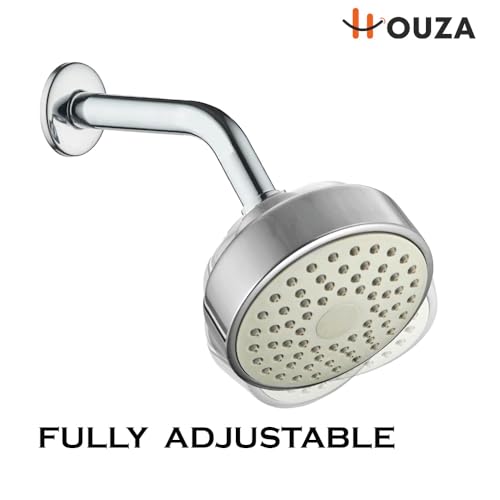 Image of HOUZA Square Shower Head for Bathroom | 4 Inch Single Flow Overhead Shower with Arm | Adjustable Bathroom Shower with Even Water Flow & Rust Resistant | Anti-Clog Silicone Nozzles for Wall Mounting