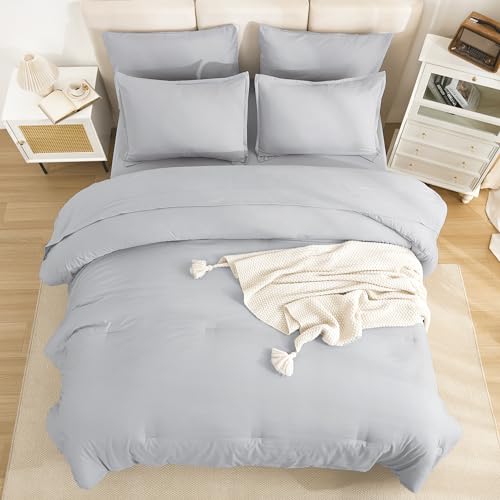 Litanika King Size Comforter Set Light Grey - 7 Pieces Bed in a Bag King Bedding Comforter Sets, Solid Lightweight Bed Set with Comforter, Sheets, Pillowcases & Shams