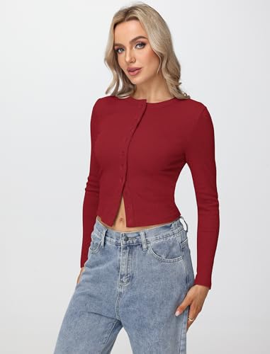 Womens Long Sleeve Tops Fall Lightweight Cardigan Cropped Going Out Shirts Ribbed Button Down Cute Trendy 2025