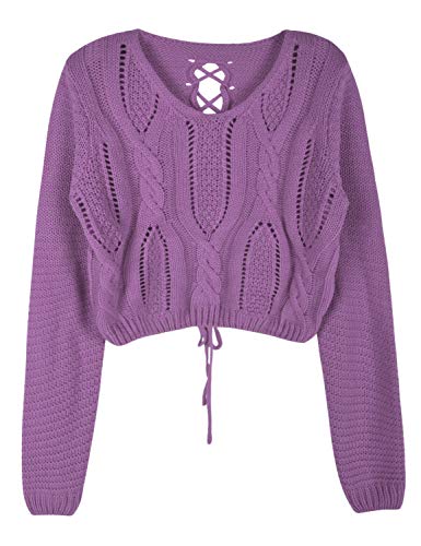 Image of PrettyGuide Women's Sweater Long Sleeve Eyelet Cable Lace Up Crop Top