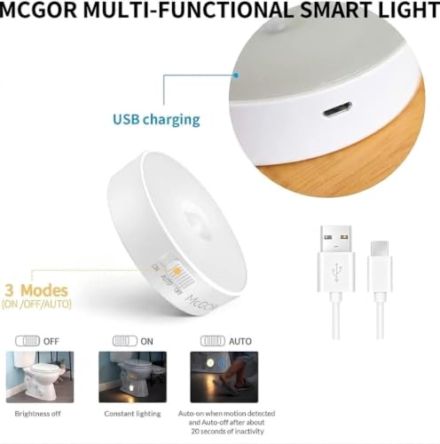 Image of MCGOR Motion Sensor Light for Home (Pack of 2) - USB Rechargeable Wireless Self-Adhesive LED Night Light for Wardrobe, Cupboard, Cabinet & Stairs