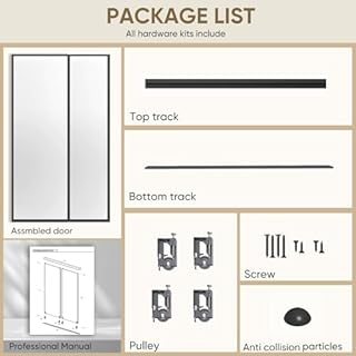 JUBEST Mirrored Closet Door 48 x 80, 1-Panel Black Steel Frame Sliding Closet Mirror Door Top & Bottom Track Kits, One Side Mirror with Safety Backing, Easy to Install