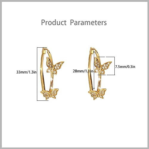 Double CZ Butterfly Dangle Hoop Earrings for Women Girls 14K Gold Plated Cubic Zirconia Big Gold Hoops Click Top Lever-back Clasp Earring Dainty Huggie Jewelry for Wedding Party Prom 6
