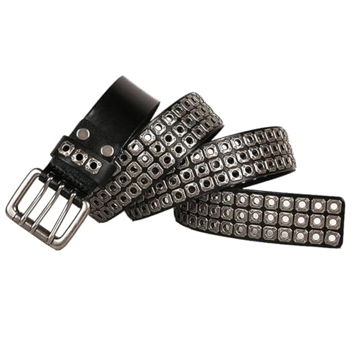 Three Row Grommet Genuine Leather Studded Belt with Punk Rock Rivets Strap 3-Hole Prong Buckle for Jeans,Pants,Dress2