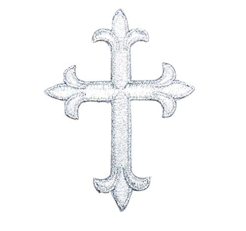 4" Cross, Fleur de lis, Religious, Embroidered, Iron-on Patch (Metallic Silver)