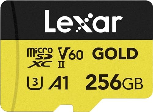 Lexar 256GB Professional Gold Micro SD Card, UHS-II, C10, U3, V60, A1, Full HD, 4K UHD, Up to 280/180 MB/s, for Drones, Action Cameras, Portable Gaming Devices (LMSGOLD256G-BNNNG)