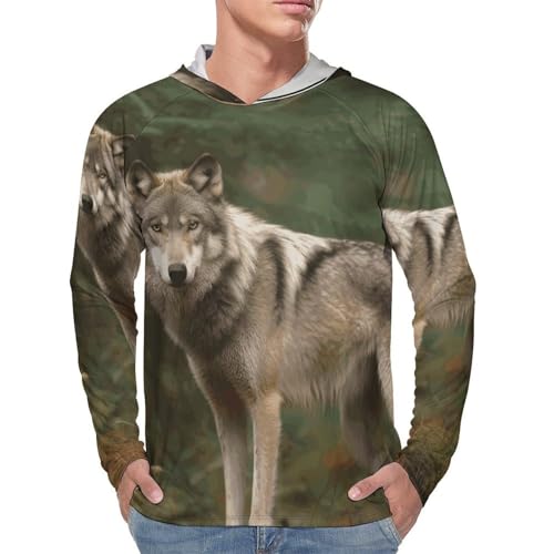 Men's Sun Shirts UPF 50+ Rash Guard Long Sleeve Sun Protection Hoodie Wolf in The Forest Lightweight Shirt L4