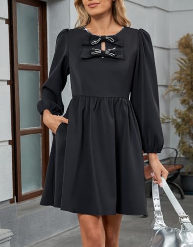 Women's Bow Neck Mini Dresses A Line Rhinestone Short Dress Long Sleeves Flowy Summer Babydoll Dress3