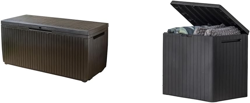 KeterSpringwood 80 Gallon Resin Outdoor Storage Box for Patio Furniture Cushions, Pool Toys, and Garden Tools with Handles, Brown & City 30 Gallon Resin Deck Box for Patio Furniture, Pool Accessories