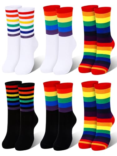 BOARDFEB 6 Pairs Crew Socks Striped Rainbow Athletic Novelty Ankle Sock Rainbow Pride Novelty Socks LGBT Fun Dress Socks Casual Multicolored Unisex Matching for Men and Women