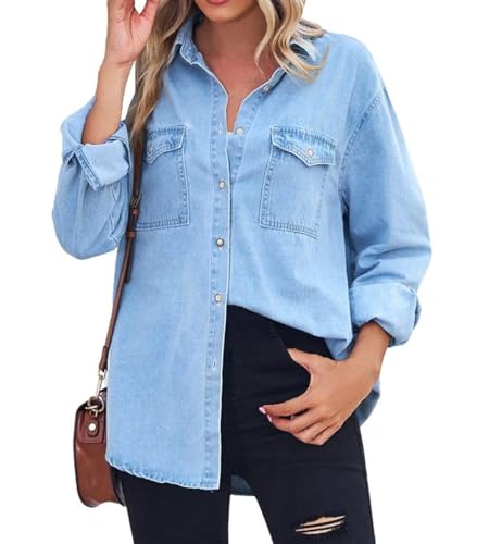 Women's Spring Long Sleeve Pocket Denim Jean Button Down Shirt Business Blouse3
