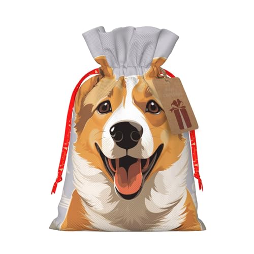 Cute Cartoon Welsh Corgi Dog Christmas Gift Bags with Tags & Ribbon Ties, Xmas Drawstring Candy Treat Bag Christmas Gifts Sacks Reusable Gift Wrapping Bags for Holiday Party Favors Medium