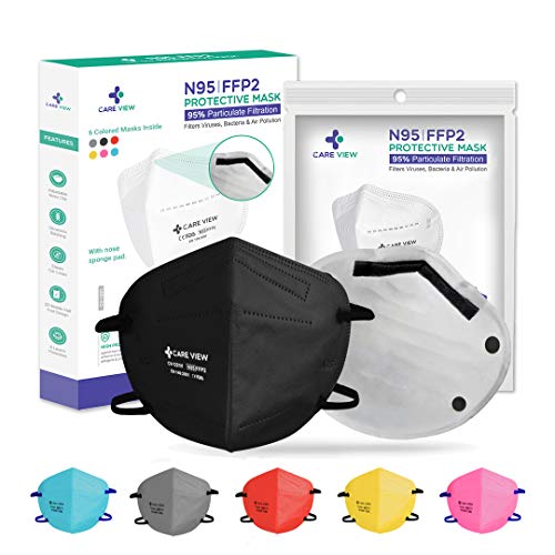 Image of Careview N95 CV1221H Unisex Non-Woven Fabric Head Loop Style Protective N95 Face Mask with Nose Bridge Sponge, 6 Layered Filtration Without Valve (Black, Grey, Yellow, Pink, Red and Blue) - Pack of 6