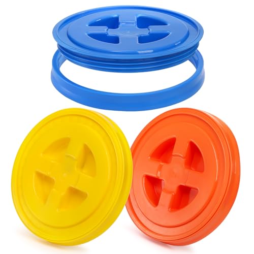 Hacaroa 3 Pieces 5 Gallon Bucket Lids 12 Inch Plastic Screw Top Seal Lids Leak-proof Reusable Bucket Twist Lid Caps for Pet Food Grain Paint Storage Buckets 3 Colors