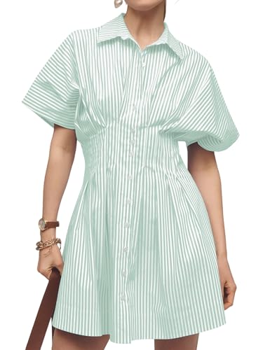 Image of Women Summer Short Sleeve Button Front Pleated Shirt Dress Striped Collar V Neck Casual Y2k Swing Short Mini Dress