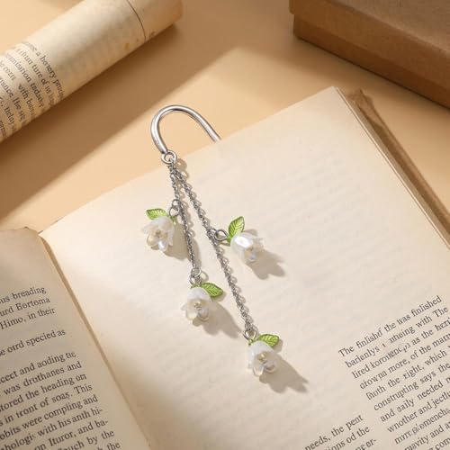 Image of Metal Embossed Bookmark with Lily of the Valley Charm Chain, 4.7'' Silver Page Marker with Floral Engraving with Gift Box, Bookmark Gift for Book Lovers, Journals & Reading Accessories