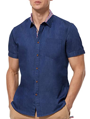 COOFANDY Men Cowboy Short Sleeve Dress Shirt Slim Fit Denim Shirt, Blue, Large