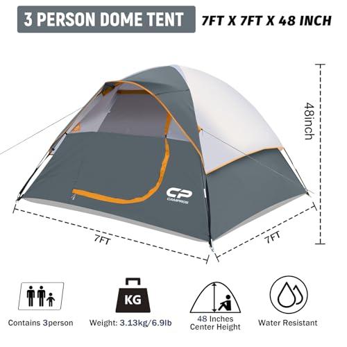 Image of CAMPROS CP 3 Person Tent, Dome Tents for Camping with Rainfly, Waterproof Camping Tent Easy Set Up, Portable Family Tent with Large Mesh Window & Carry Bag for Outdoor Hiking